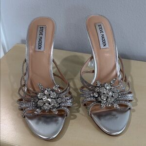 Steve Madden Metallic Silver Heels with Crystal Embellishments
